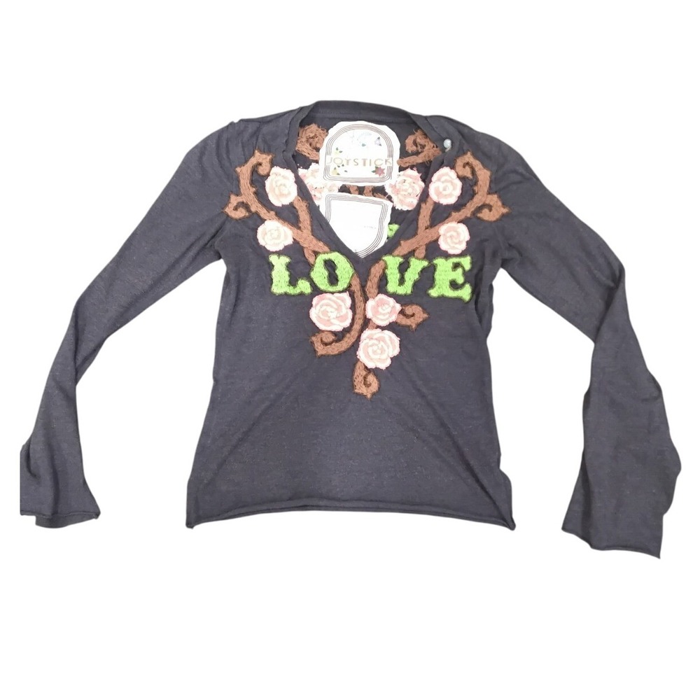 Joystick Love Rose Embroidered Long Sleeve V-Neck Top‎ Women's Blue